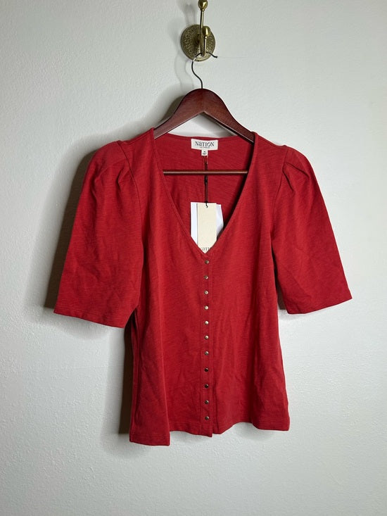 Nation LTD Nation LA 100% Cotton Jen Button Down Puff Sleeve Top in Red Gold Button - Cotton