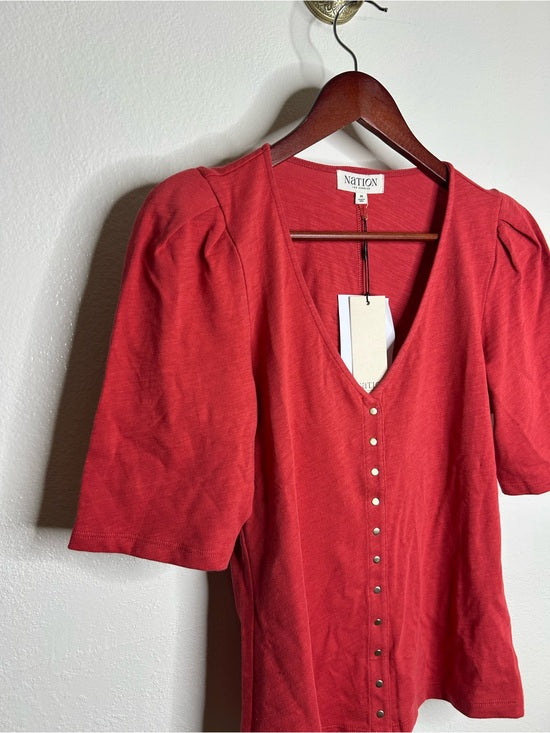 Nation LTD Nation LA 100% Cotton Jen Button Down Puff Sleeve Top in Red Gold Button - Cotton