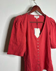 Nation LA 100% Cotton Jen Button Down Puff Sleeve Top in Red Gold Button