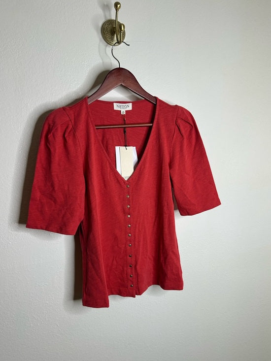 Nation LTD Nation LA 100% Cotton Jen Button Down Puff Sleeve Top in Red Gold Button - Cotton