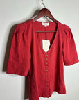 Nation LA 100% Cotton Jen Button Down Puff Sleeve Top in Red Gold Button