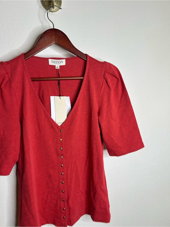 Nation LA 100% Cotton Jen Button Down Puff Sleeve Top in Red Gold Button