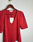 Nation LA 100% Cotton Jen Button Down Puff Sleeve Top in Red Gold Button