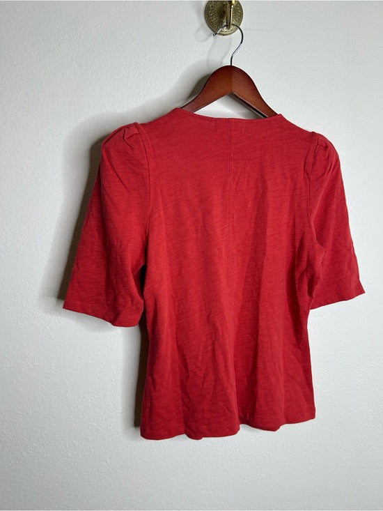 Nation LA 100% Cotton Jen Button Down Puff Sleeve Top in Red Gold Button