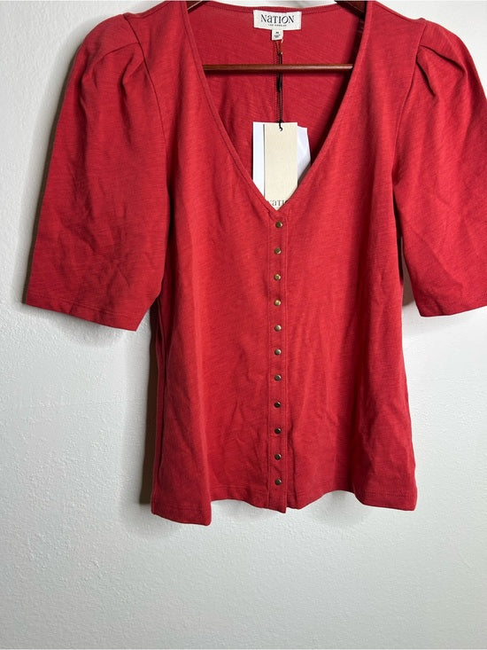 Nation LA 100% Cotton Jen Button Down Puff Sleeve Top in Red Gold Button
