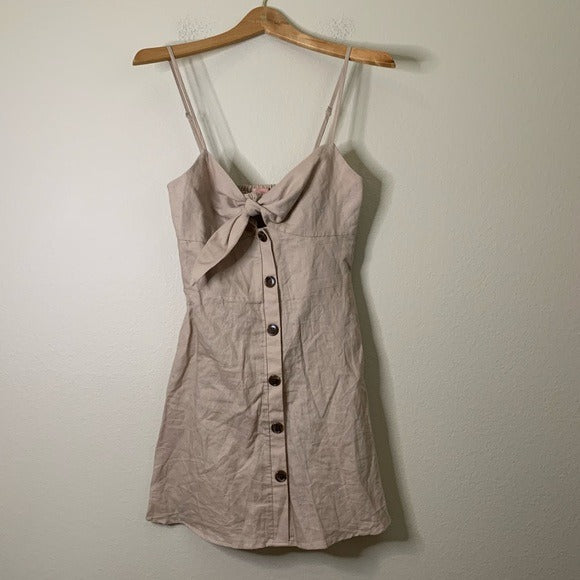 le rumi Le Rumi Linen Cotton Tan Neutral Front Tie Mini Dress - Linen, Cotton