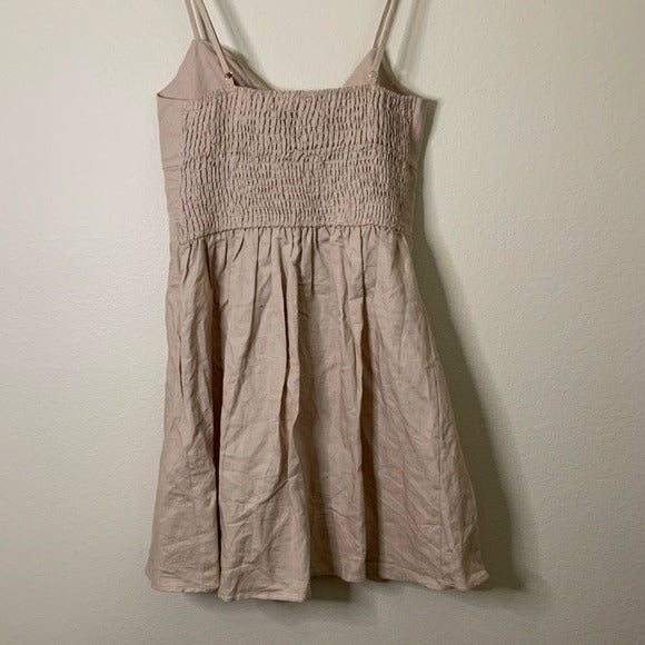 le rumi Le Rumi Linen Cotton Tan Neutral Front Tie Mini Dress - Linen, Cotton