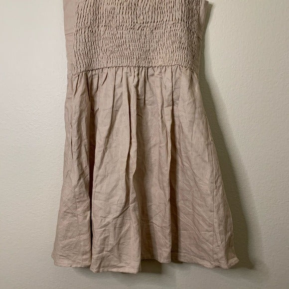 le rumi Le Rumi Linen Cotton Tan Neutral Front Tie Mini Dress - Linen, Cotton