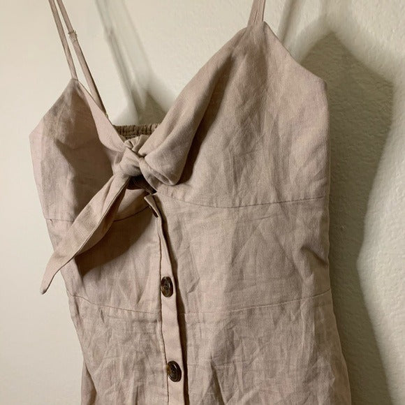le rumi Le Rumi Linen Cotton Tan Neutral Front Tie Mini Dress - Linen, Cotton