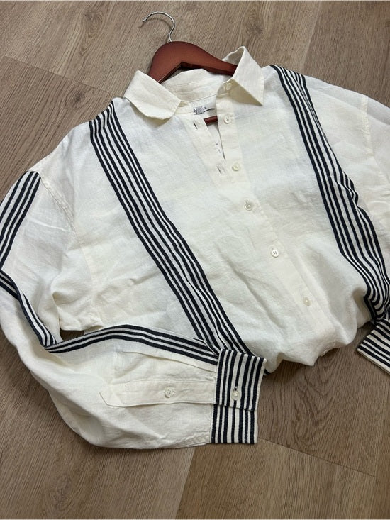 Madewell Linen Cotton Vertical Stripe Cream Black Button-Up Shirt