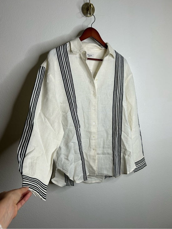 Madewell Linen Cotton Vertical Stripe Cream Black Button-Up Shirt