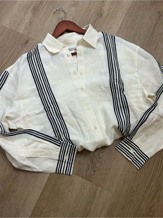 Madewell Linen Cotton Vertical Stripe Cream Black Button-Up Shirt
