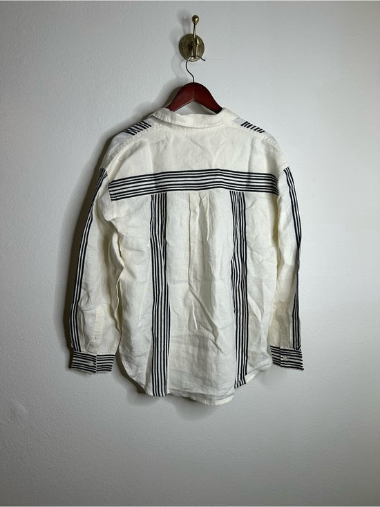 Madewell Linen Cotton Vertical Stripe Cream Black Button-Up Shirt