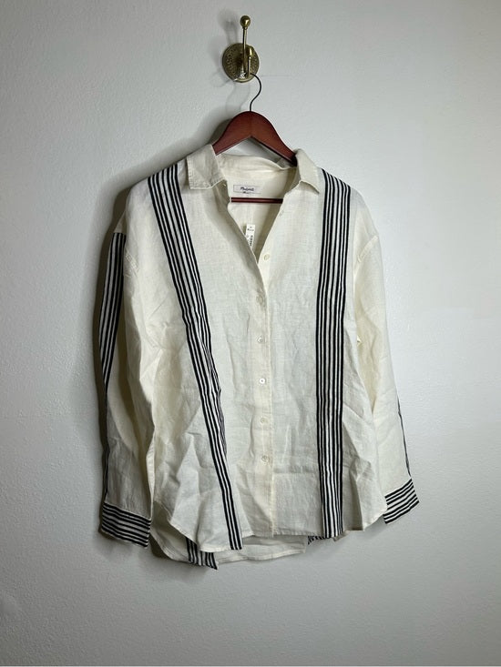 Madewell Linen Cotton Vertical Stripe Cream Black Button-Up Shirt