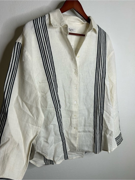 Madewell Linen Cotton Vertical Stripe Cream Black Button-Up Shirt