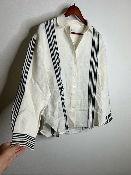 Madewell Linen Cotton Vertical Stripe Cream Black Button-Up Shirt