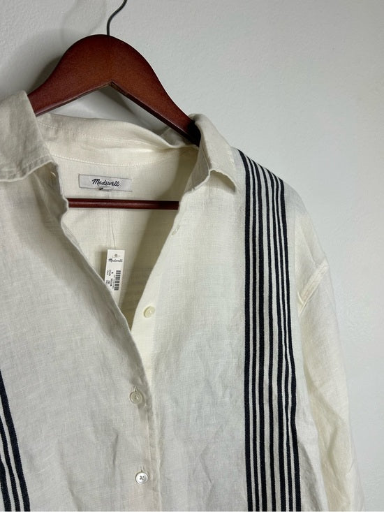 Madewell Linen Cotton Vertical Stripe Cream Black Button-Up Shirt