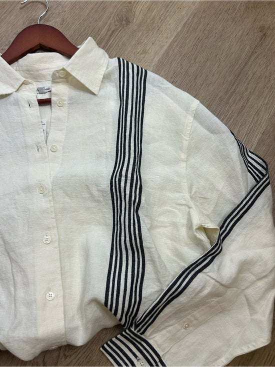 Madewell Linen Cotton Vertical Stripe Cream Black Button-Up Shirt