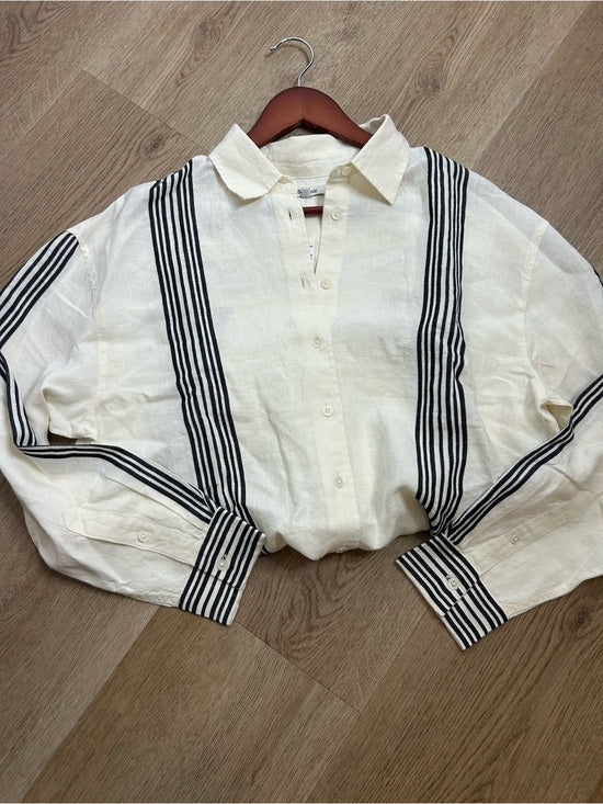 Madewell Linen Cotton Vertical Stripe Cream Black Button-Up Shirt
