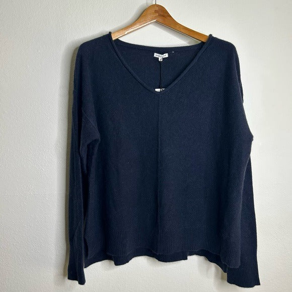 Unsubscribed Unsubscribed 100% Cashmere Navy Blue V - Neck Oversized Sweater Front Seam - Cashmere
