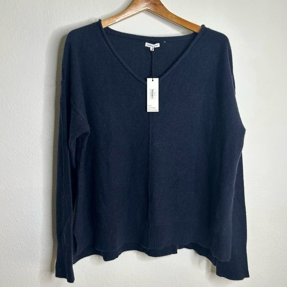 Unsubscribed Unsubscribed 100% Cashmere Navy Blue V - Neck Oversized Sweater Front Seam - Cashmere