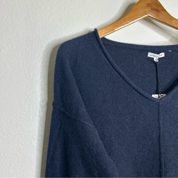 Unsubscribed 100% Cashmere Navy Blue V - Neck Oversized Sweater Front Seam