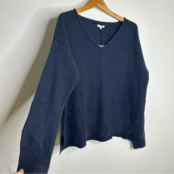Unsubscribed Unsubscribed 100% Cashmere Navy Blue V - Neck Oversized Sweater Front Seam - Cashmere