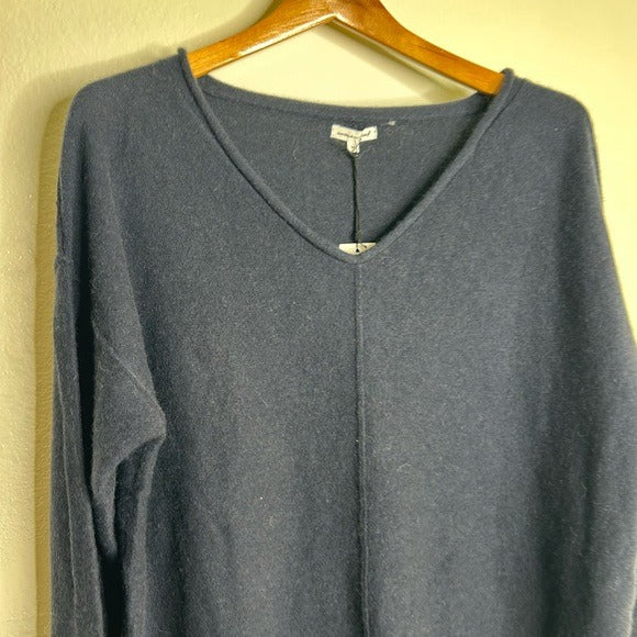 Unsubscribed Unsubscribed 100% Cashmere Navy Blue V - Neck Oversized Sweater Front Seam - Cashmere