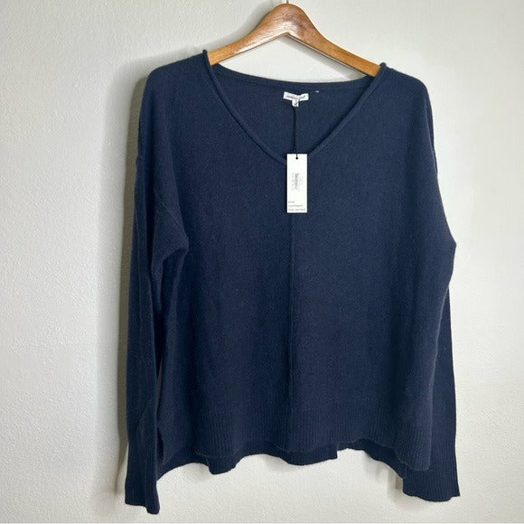 Unsubscribed 100% Cashmere Navy Blue V - Neck Oversized Sweater Front Seam
