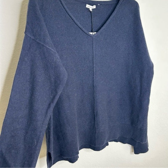 Unsubscribed 100% Cashmere Navy Blue V - Neck Oversized Sweater Front Seam