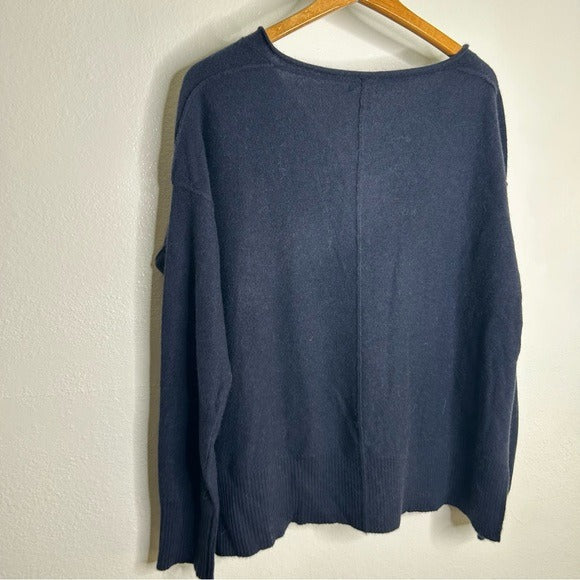 Unsubscribed 100% Cashmere Navy Blue V - Neck Oversized Sweater Front Seam