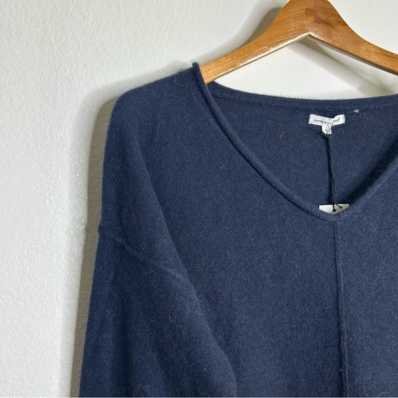 Unsubscribed 100% Cashmere Navy Blue V - Neck Oversized Sweater Front Seam