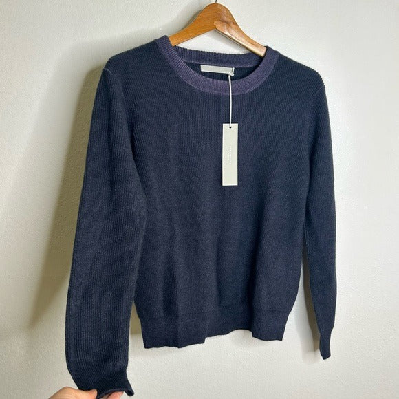 One Grey Day One Grey Day 100% Cashmere Blue Ribbed Two Tone Textured Pullover Sweater - Cashmere