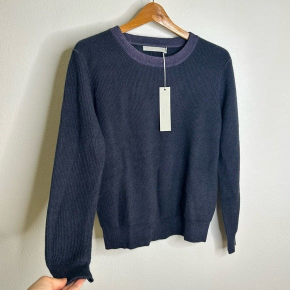 One Grey Day One Grey Day 100% Cashmere Blue Ribbed Two Tone Textured Pullover Sweater - Cashmere
