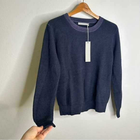 One Grey Day One Grey Day 100% Cashmere Blue Ribbed Two Tone Textured Pullover Sweater - Cashmere