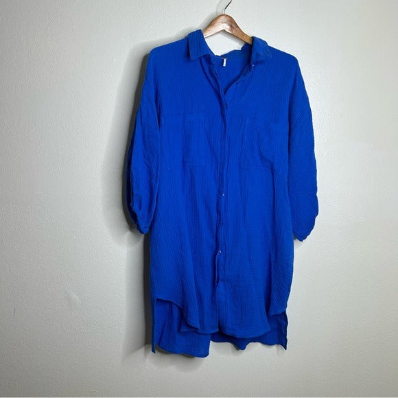 Young Fabulous &amp;amp; Broke YFB 100% Cotton Gauze Royal Blue Button Down Shirt Dress - Cotton