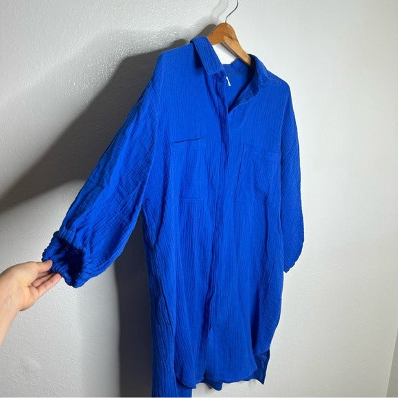 Young Fabulous &amp;amp; Broke YFB 100% Cotton Gauze Royal Blue Button Down Shirt Dress - Cotton