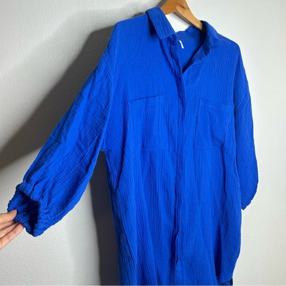YFB 100% Cotton Gauze Royal Blue Button Down Shirt Dress