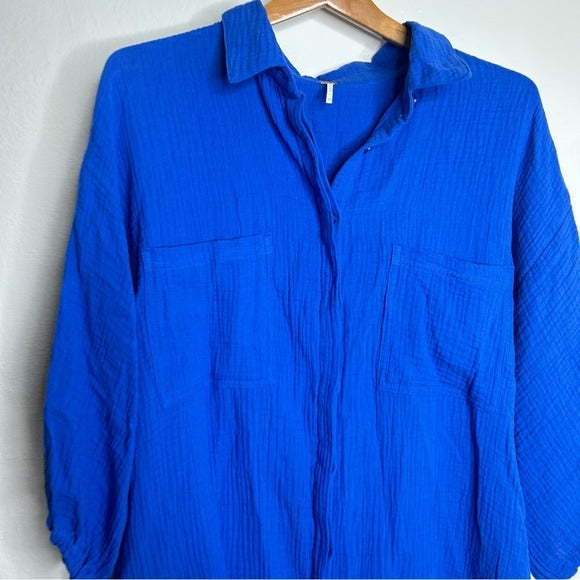 YFB 100% Cotton Gauze Royal Blue Button Down Shirt Dress