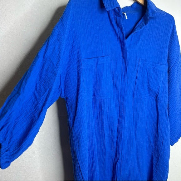 Young Fabulous &amp;amp; Broke YFB 100% Cotton Gauze Royal Blue Button Down Shirt Dress - Cotton