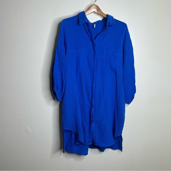 Young Fabulous &amp;amp; Broke YFB 100% Cotton Gauze Royal Blue Button Down Shirt Dress - Cotton