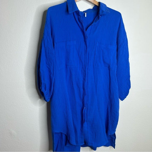 Young Fabulous &amp;amp; Broke YFB 100% Cotton Gauze Royal Blue Button Down Shirt Dress - Cotton