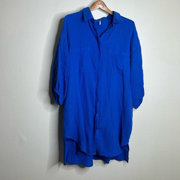 YFB 100% Cotton Gauze Royal Blue Button Down Shirt Dress