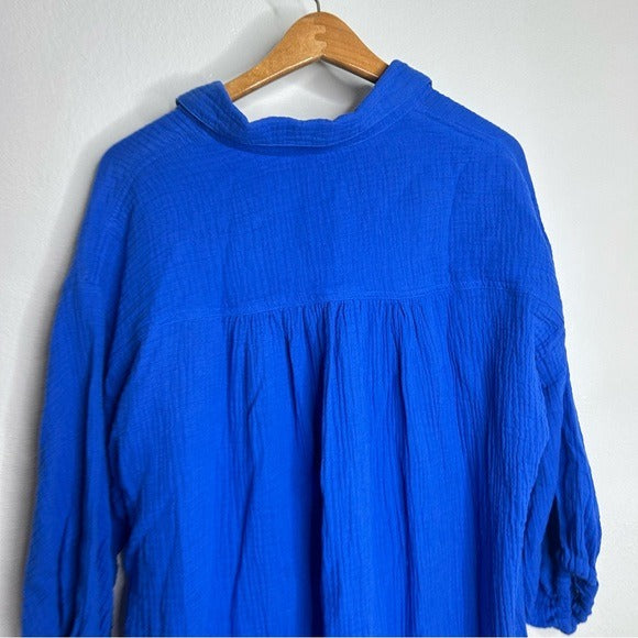 YFB 100% Cotton Gauze Royal Blue Button Down Shirt Dress