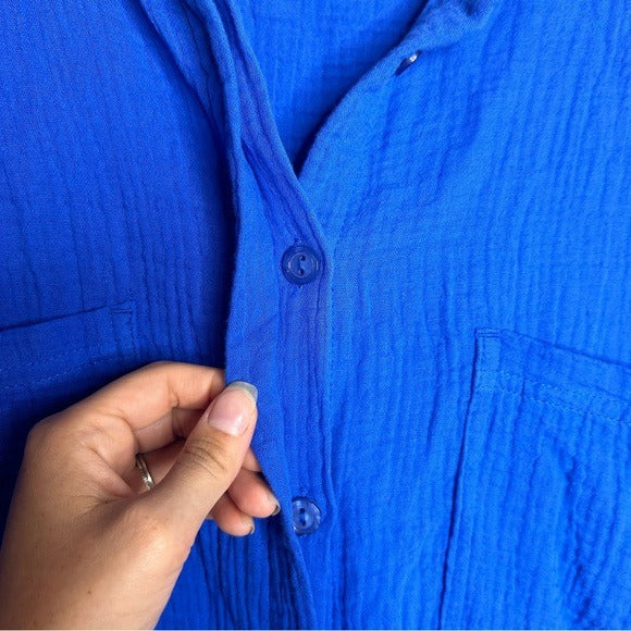 YFB 100% Cotton Gauze Royal Blue Button Down Shirt Dress
