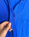 YFB 100% Cotton Gauze Royal Blue Button Down Shirt Dress