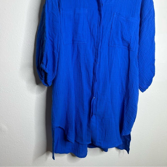 YFB 100% Cotton Gauze Royal Blue Button Down Shirt Dress
