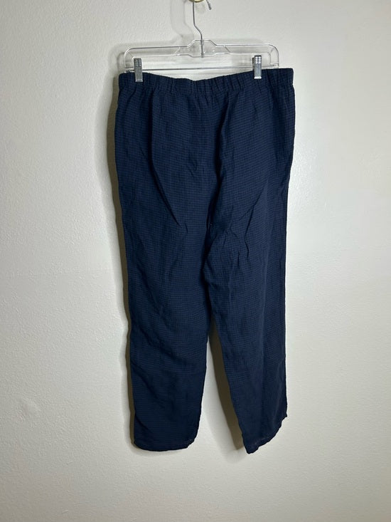 Eileen Fisher 100% Organic Linen Blue Black Checkered Pull on Drawstring Pant