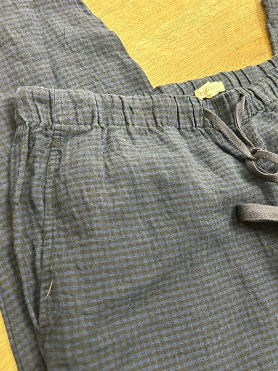 Eileen Fisher 100% Organic Linen Blue Black Checkered Pull on Drawstring Pant