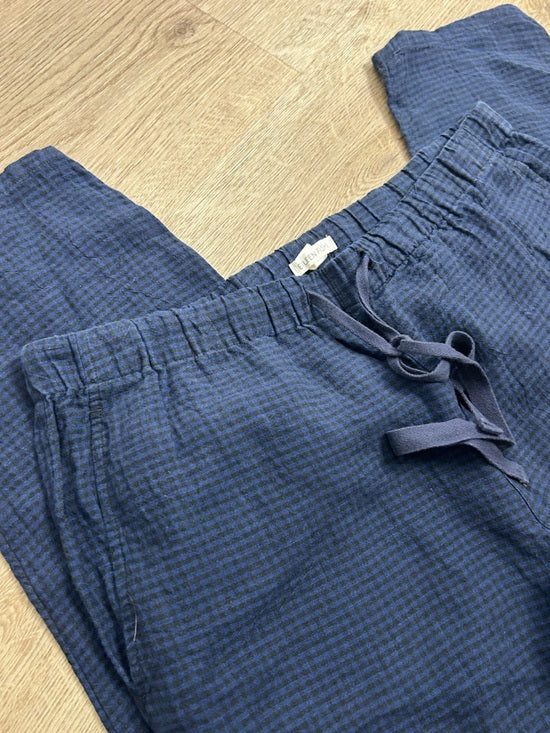 Eileen Fisher 100% Organic Linen Blue Black Checkered Pull on Drawstring Pant